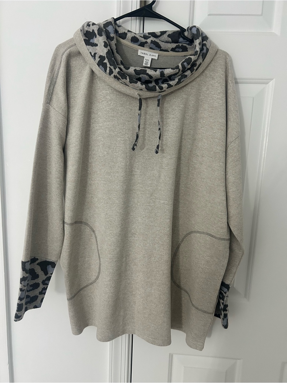 Tribal Jeans Women’s Cream Cowl Neck Sweater with Leopard Trim